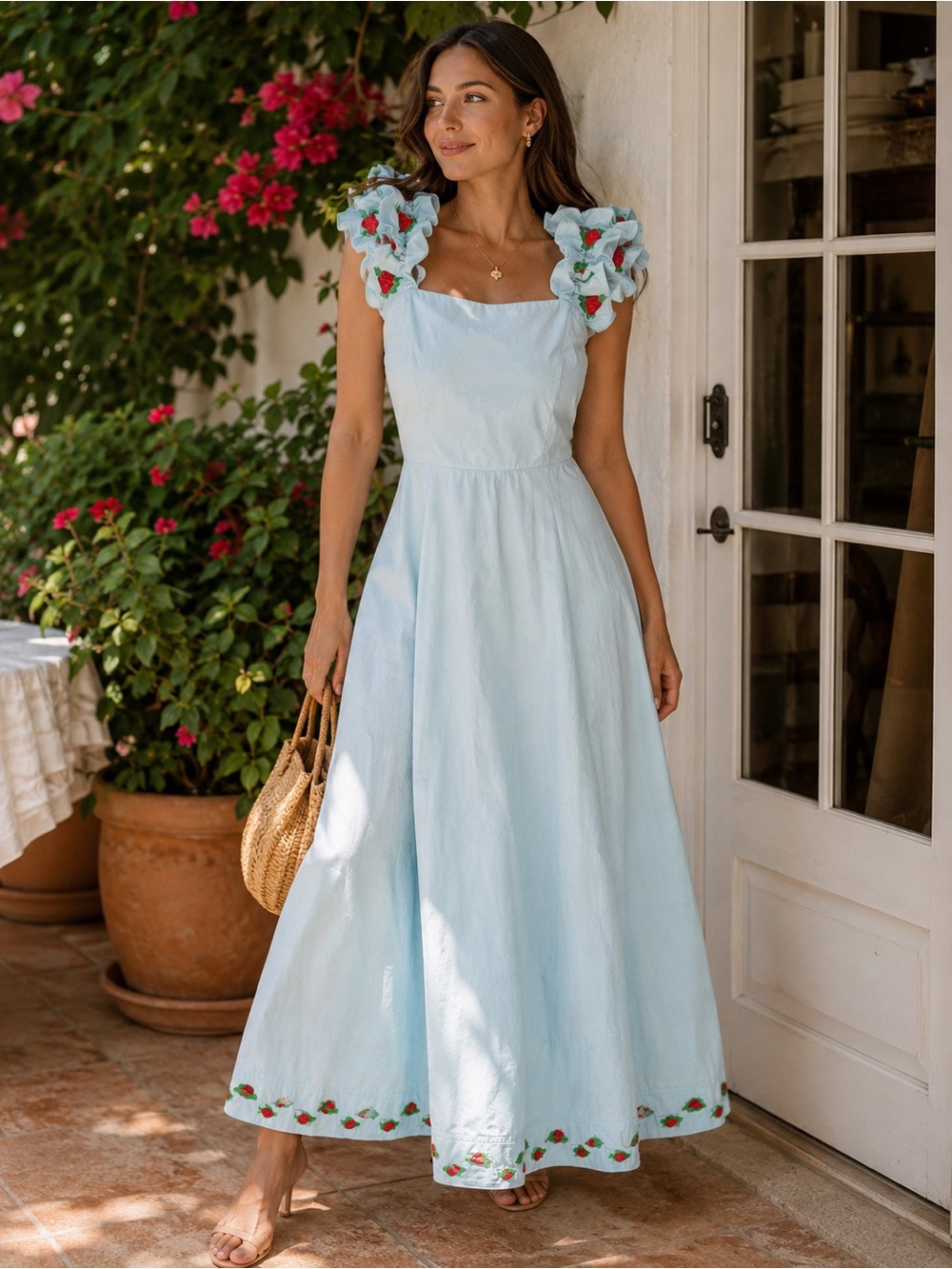 Fanm Mon Alanya Blue Strawberry Embroidered Square Neck Midi Dress L Cotton